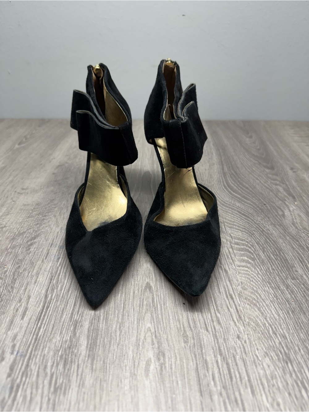 Suede Pointed-Toe Ankle Strap Heels - Black